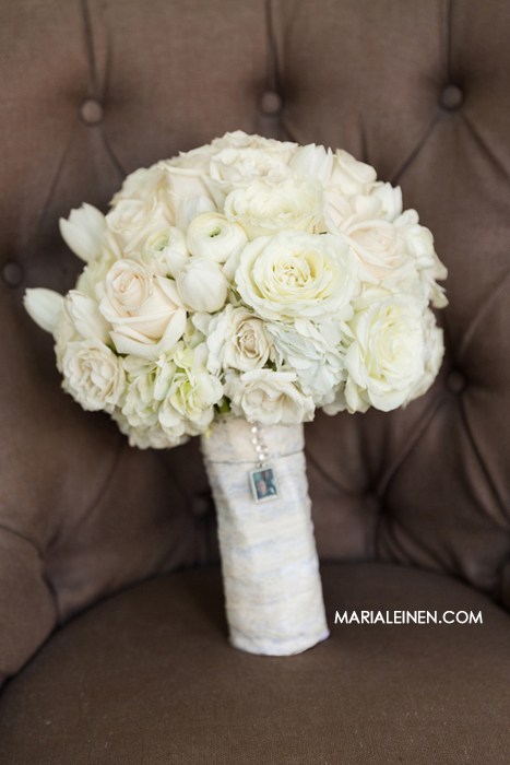 bride's bouquet with white roses, peonies, and hydrangea