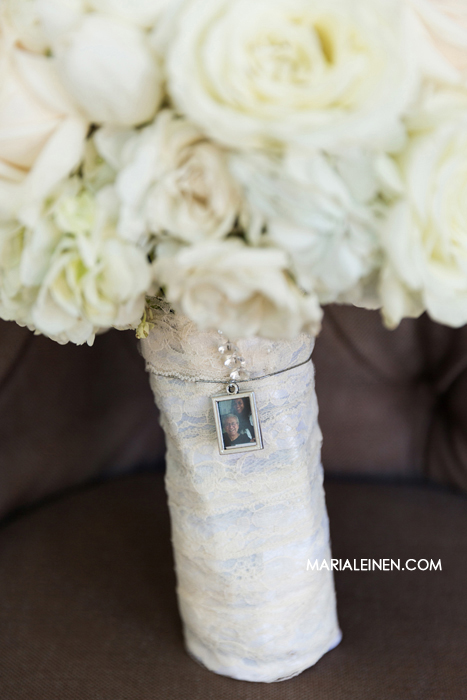 memory charm added to bride's bouquet